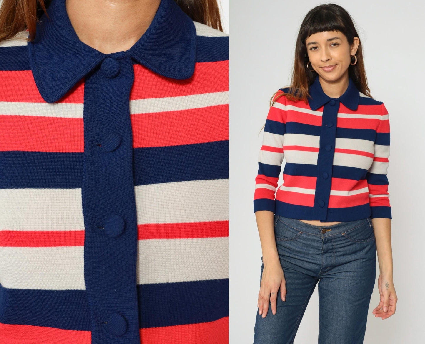 60s Striped Wool Cardigan Sweater Cropped Navy Pink White Small