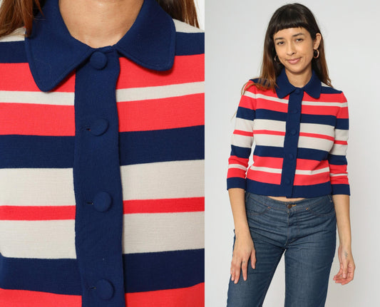60s Striped Wool Cardigan Sweater Cropped Navy Pink White Small