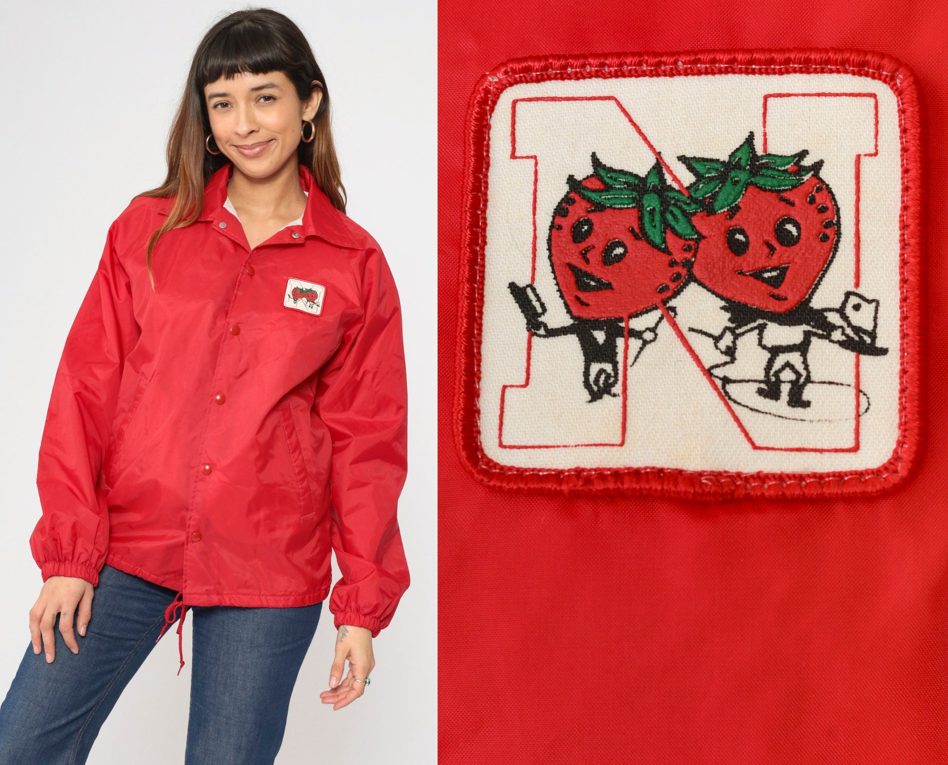 70s Red Windbreaker Jacket Snap Button N Strawberry Patch Small