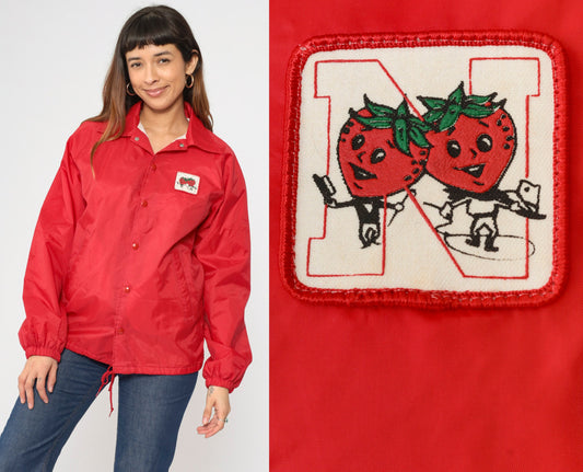 70s Red Windbreaker Jacket Snap Button N Strawberry Patch Small