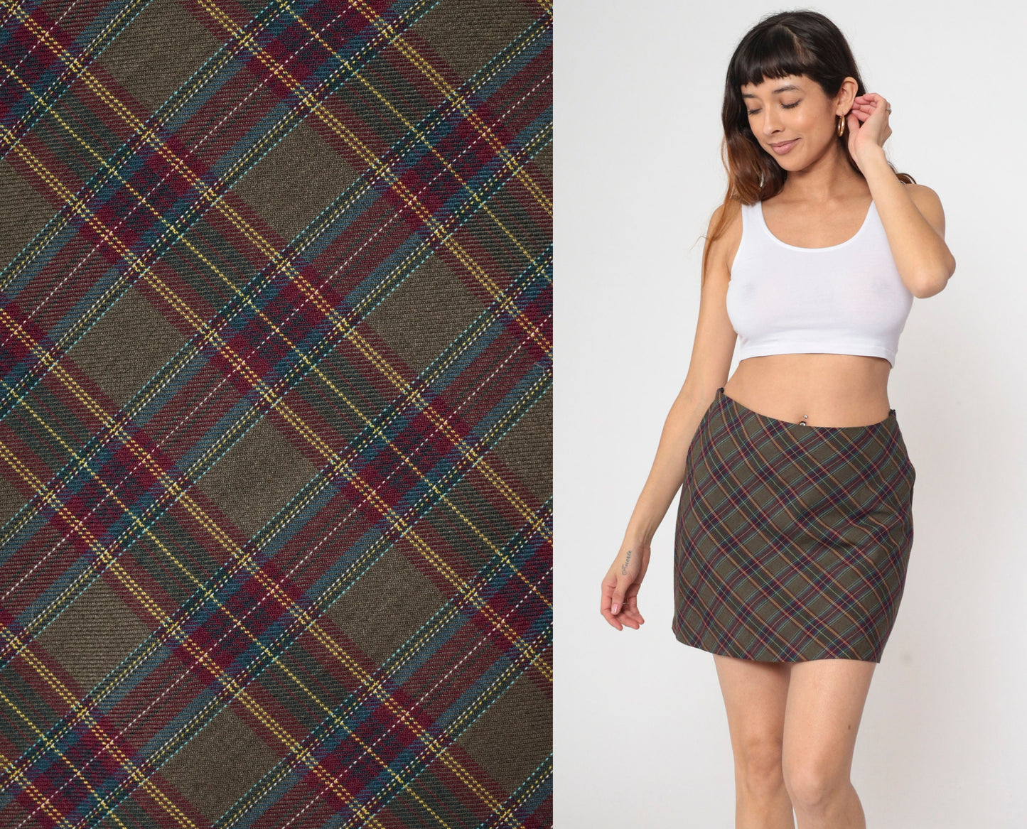 00s Plaid Mini Skirt Olive Burgundy Tartan High Waisted School Girl Medium