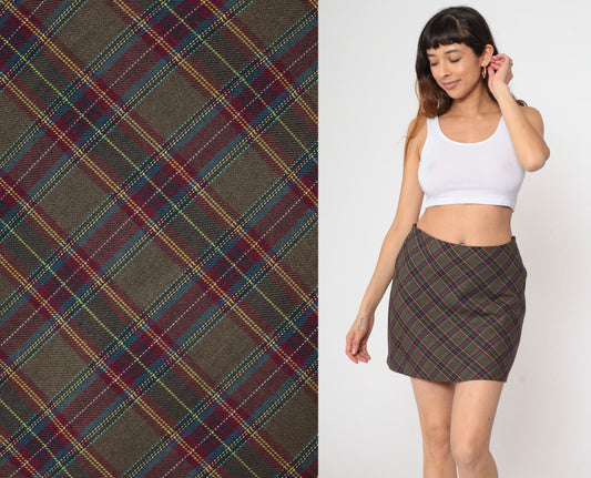 00s Plaid Mini Skirt Olive Burgundy Tartan High Waisted School Girl Medium