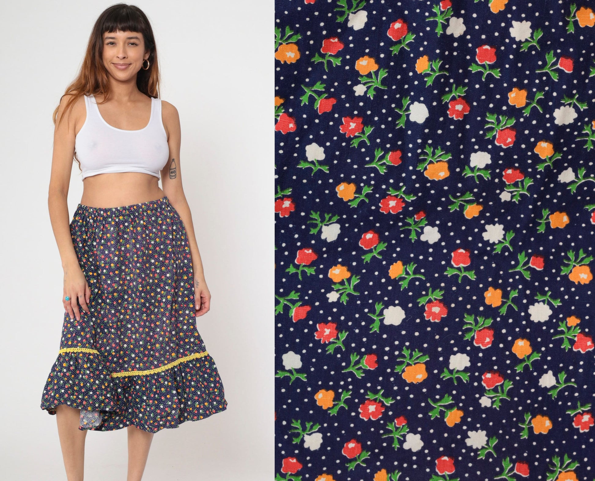 70s Navy Floral Calico Midi Skirt Tiered Flounce Elastic Waist Medium