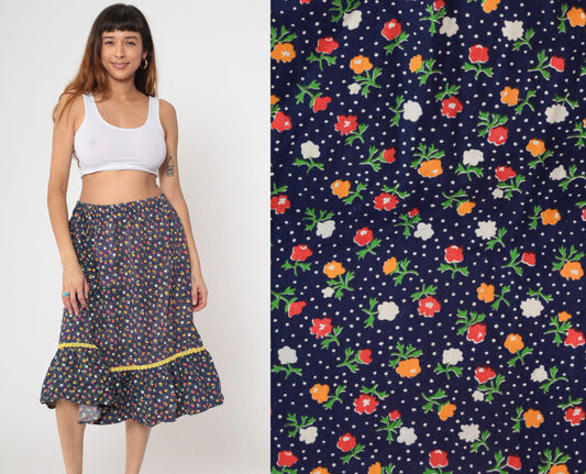 70s Navy Floral Calico Midi Skirt Tiered Flounce Elastic Waist Medium