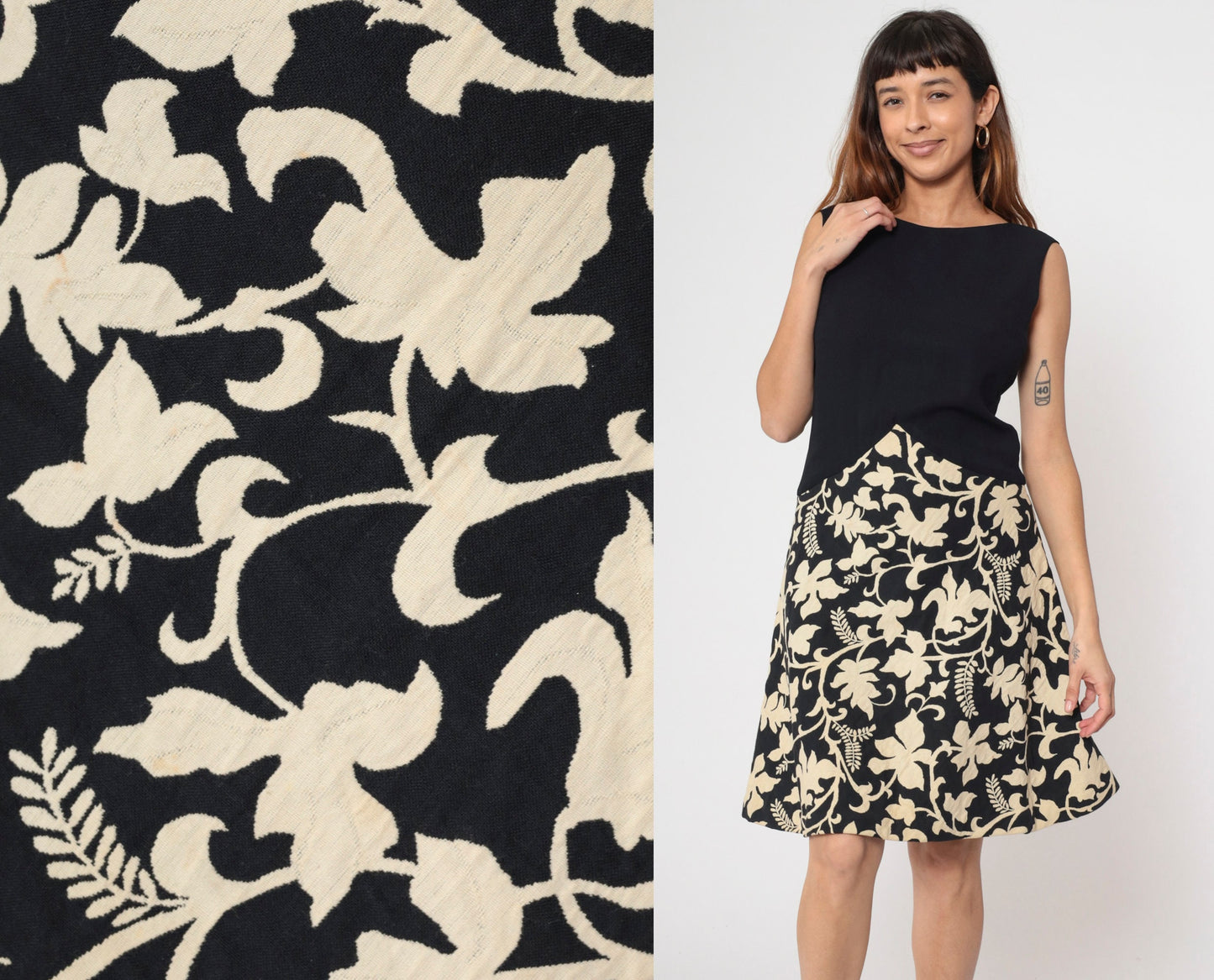 1960s Robinson's California Black Cream Floral Fit and Flare Dress V-Back Medium