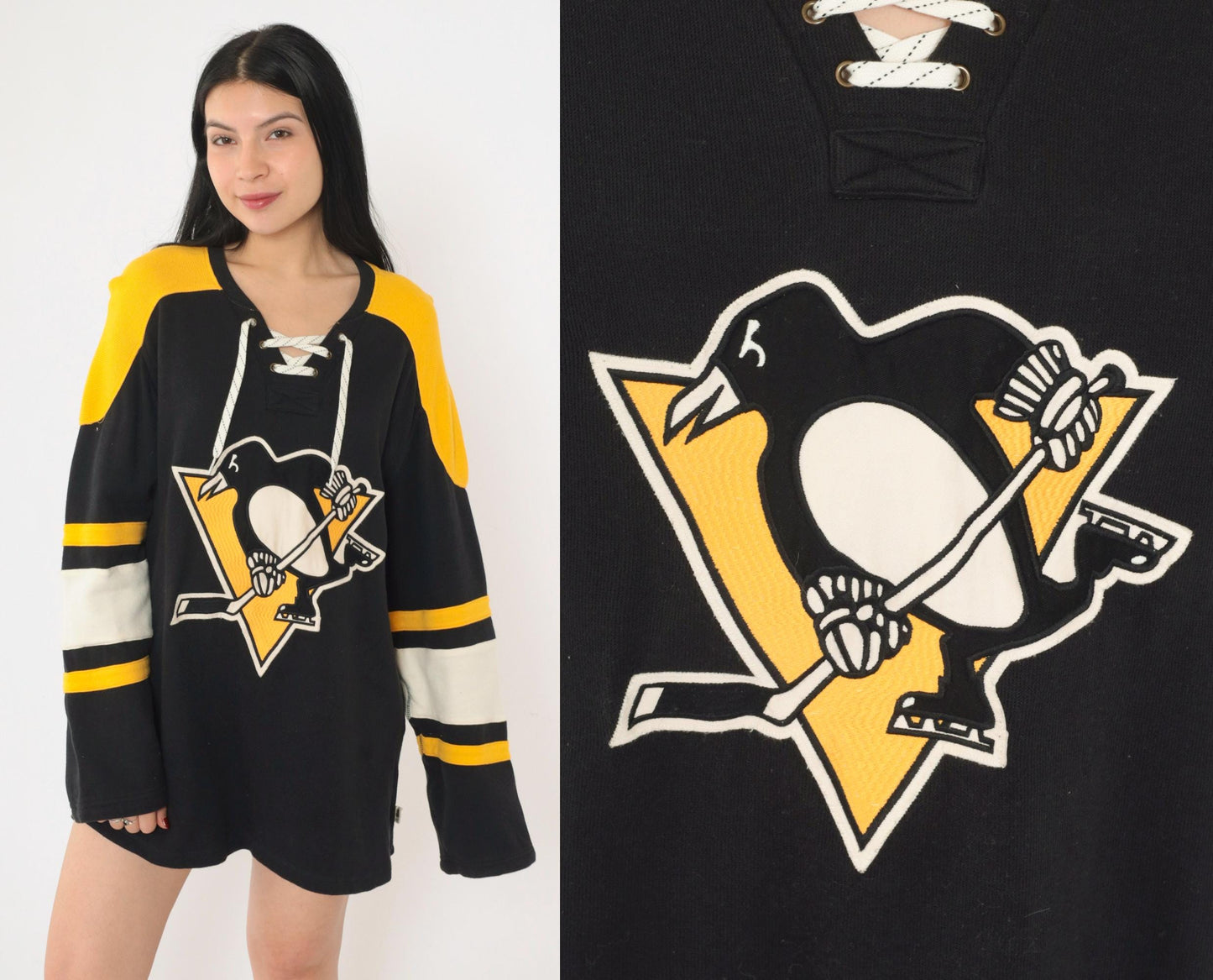 CCM Pittsburgh Penguins Hockey Jersey Black Yellow Lace-Up Medium