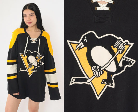 CCM Pittsburgh Penguins Hockey Jersey Black Yellow Lace-Up Medium