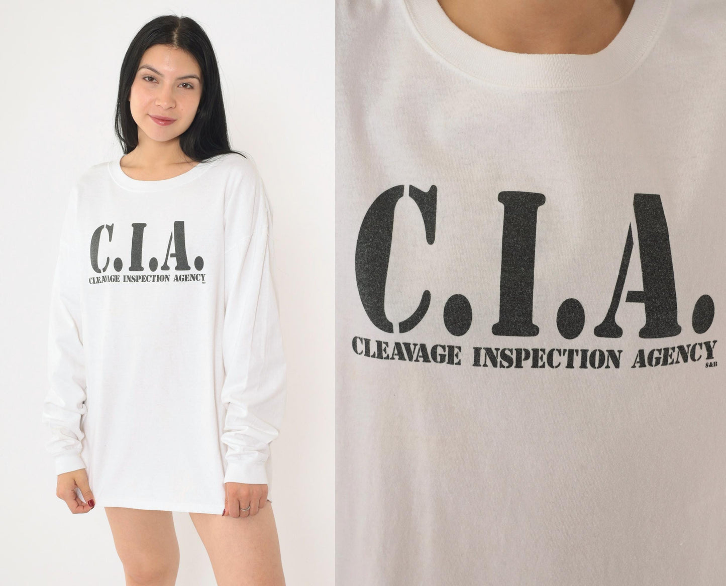 00s Steve & Barry's C.I.A. Cleavage Inspection Agency Long Sleeve Tee White Extra Large XL