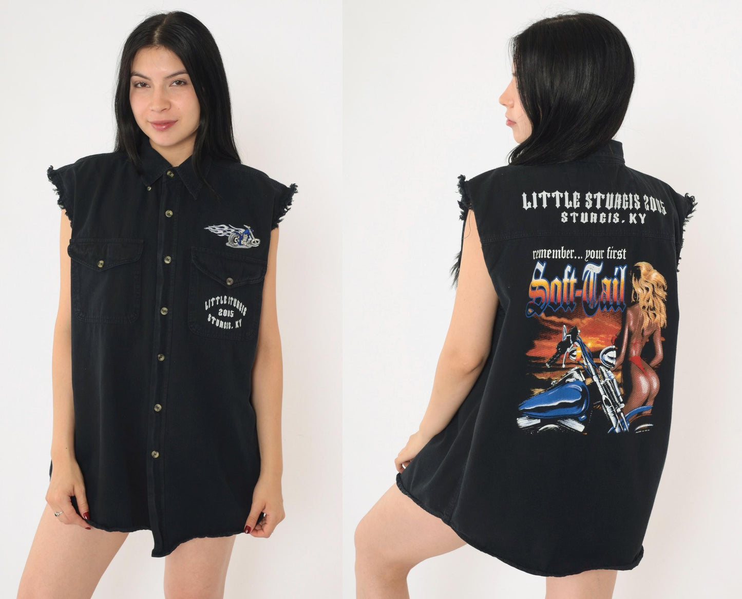 00s Little Sturgis Kentucky Sleeveless Button-Up Biker Shirt Black Large