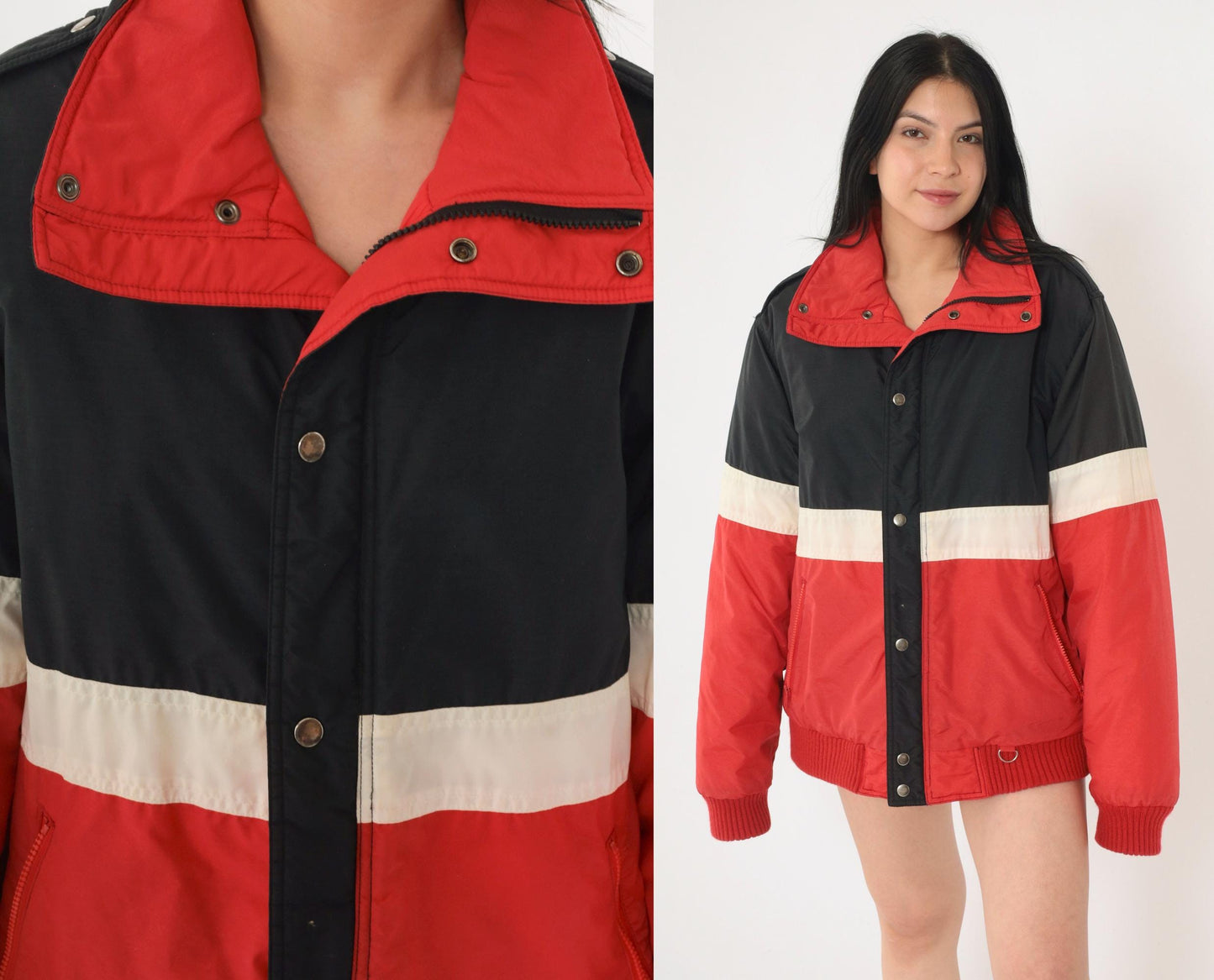 80s Color Block Puffer Ski Jacket Red Black White Nylon Large