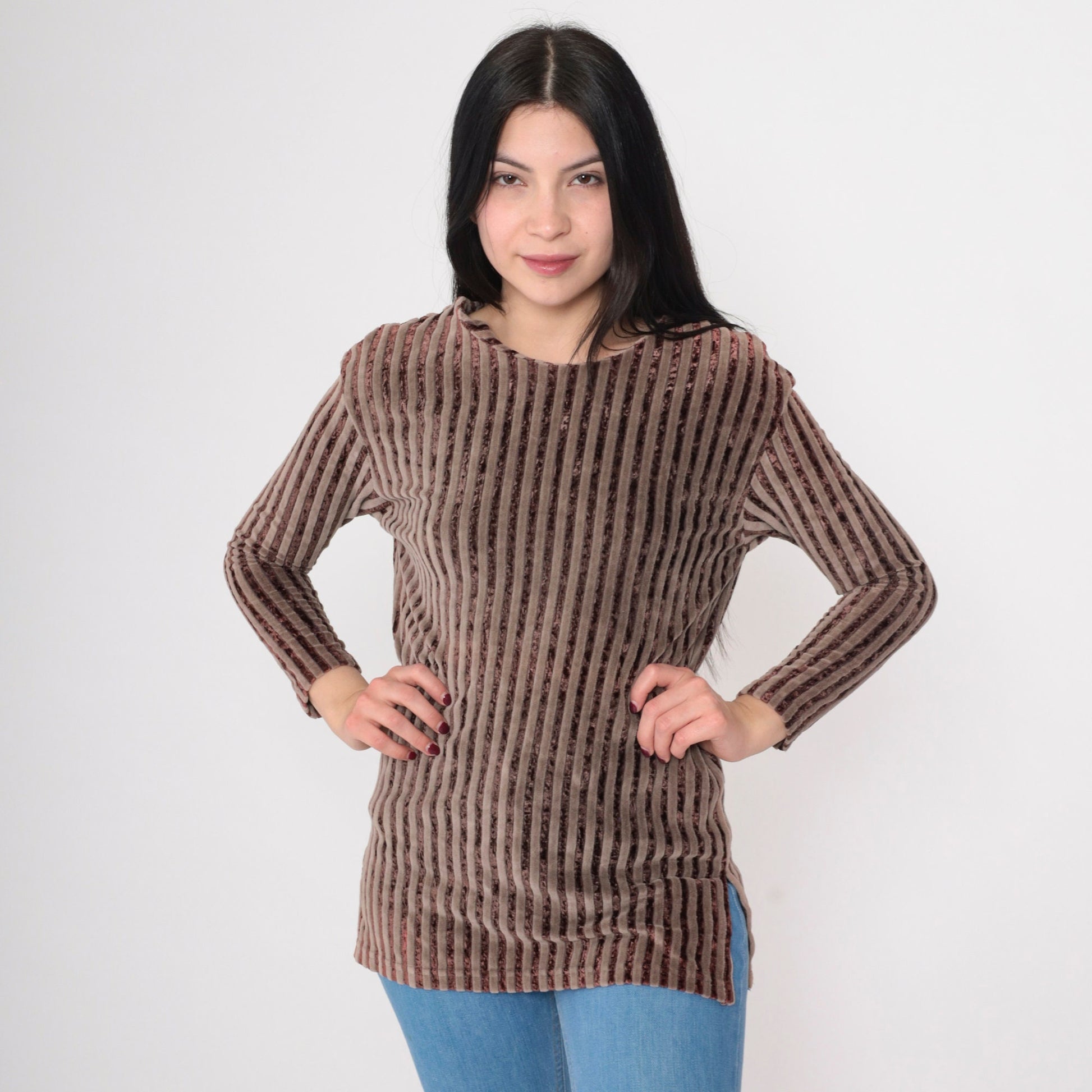 90s Brown Striped Velour Blouse Scoop Neck Long Sleeve Small