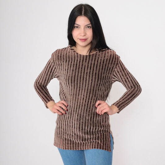 90s Brown Striped Velour Blouse Scoop Neck Long Sleeve Small