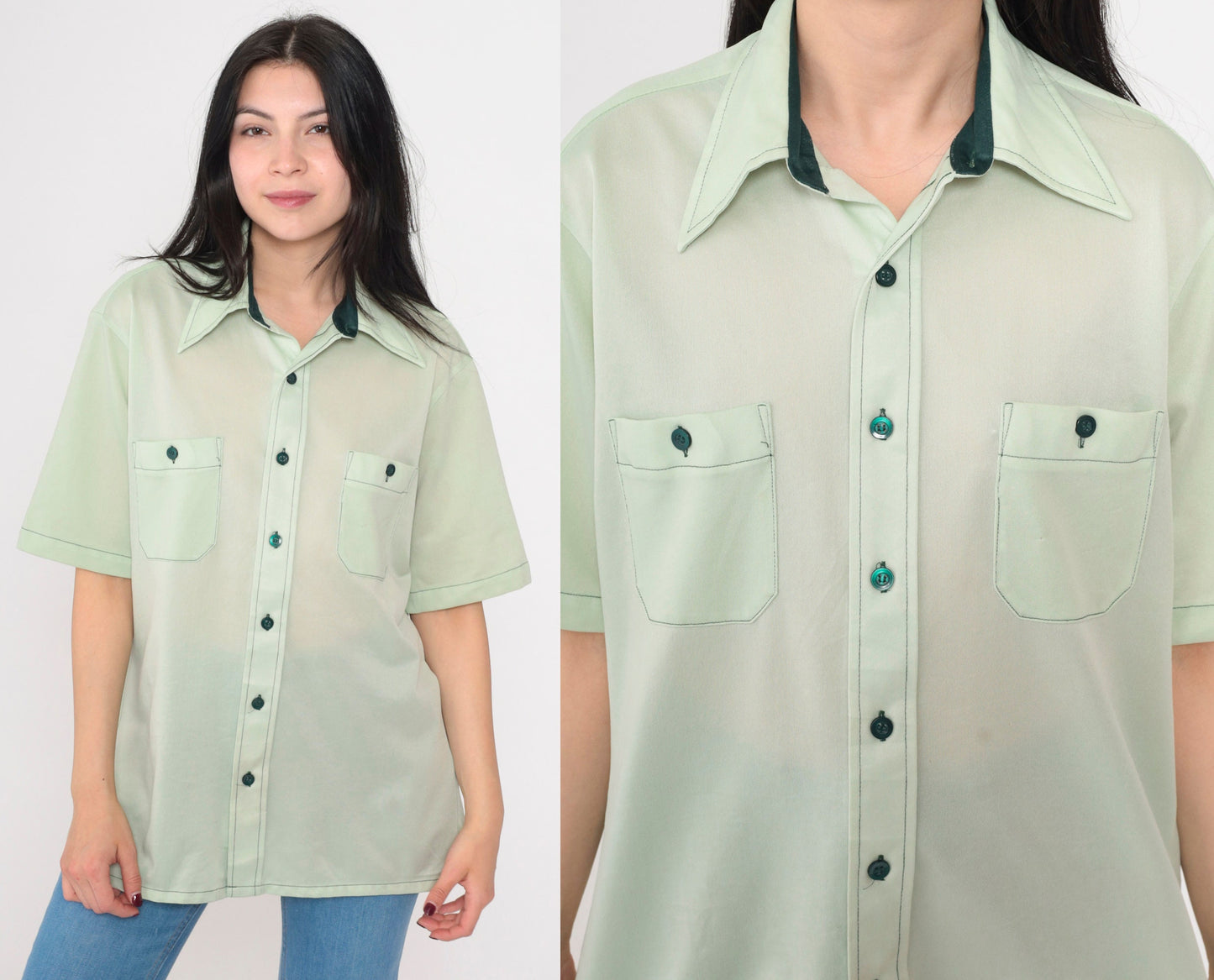 70s Mint Green Button Up Shirt Short Sleeve Collared Chest Pockets Large