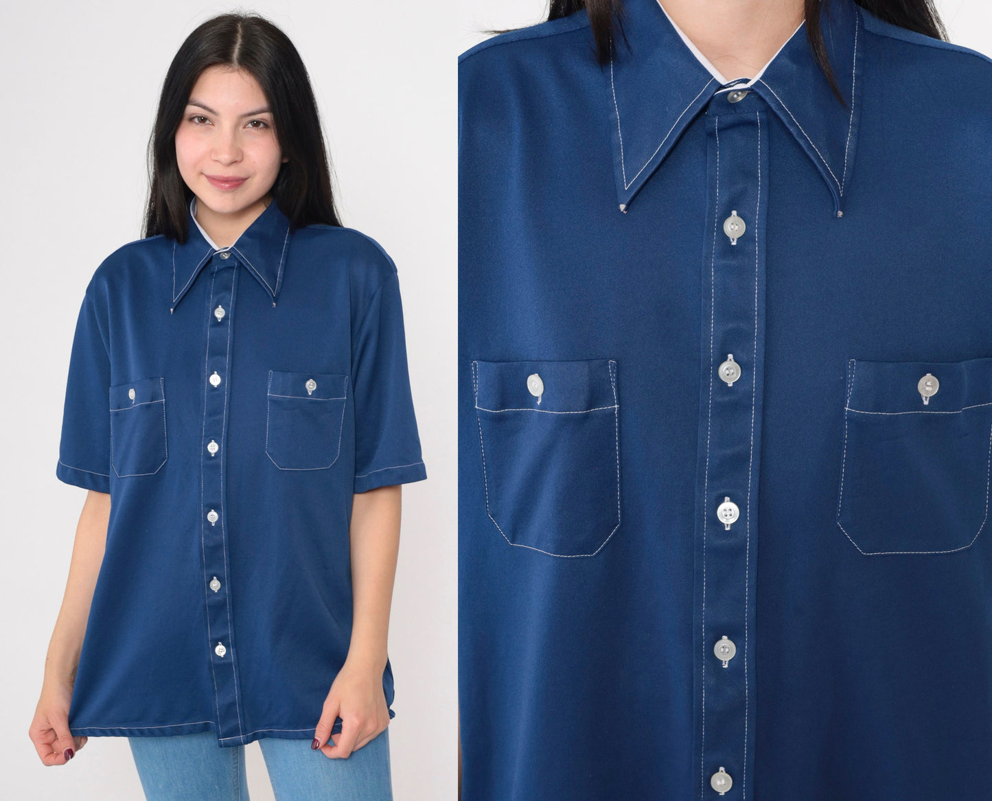 70s Arrow Doubler Navy Oxford Button-Up Shirt Dagger Collar Short Sleeve Large
