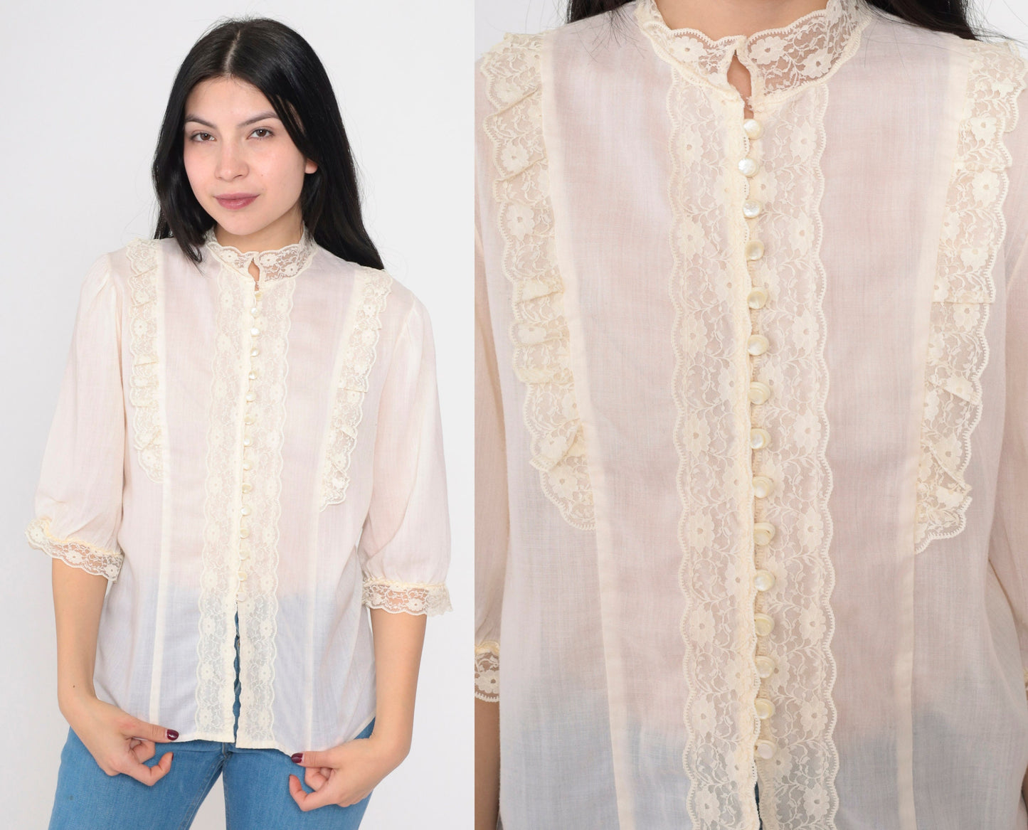 70s Sheer Ivory Lace Blouse Puff Sleeve Pearl Button Up Medium