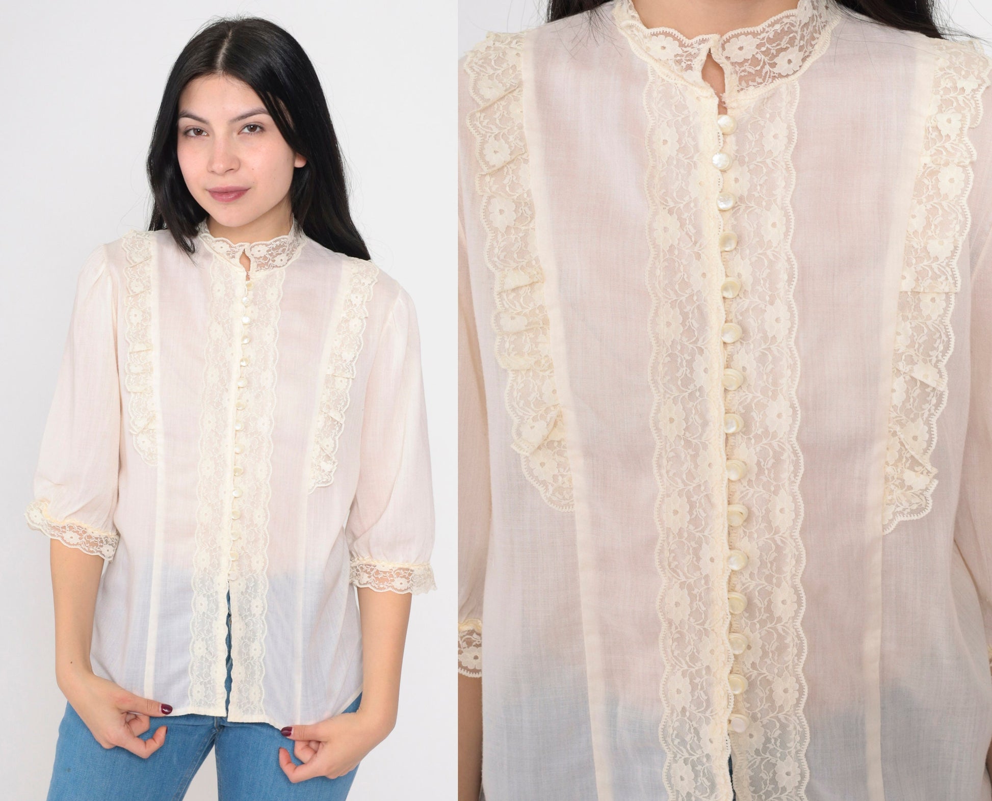 70s Sheer Ivory Lace Blouse Puff Sleeve Pearl Button Up Medium