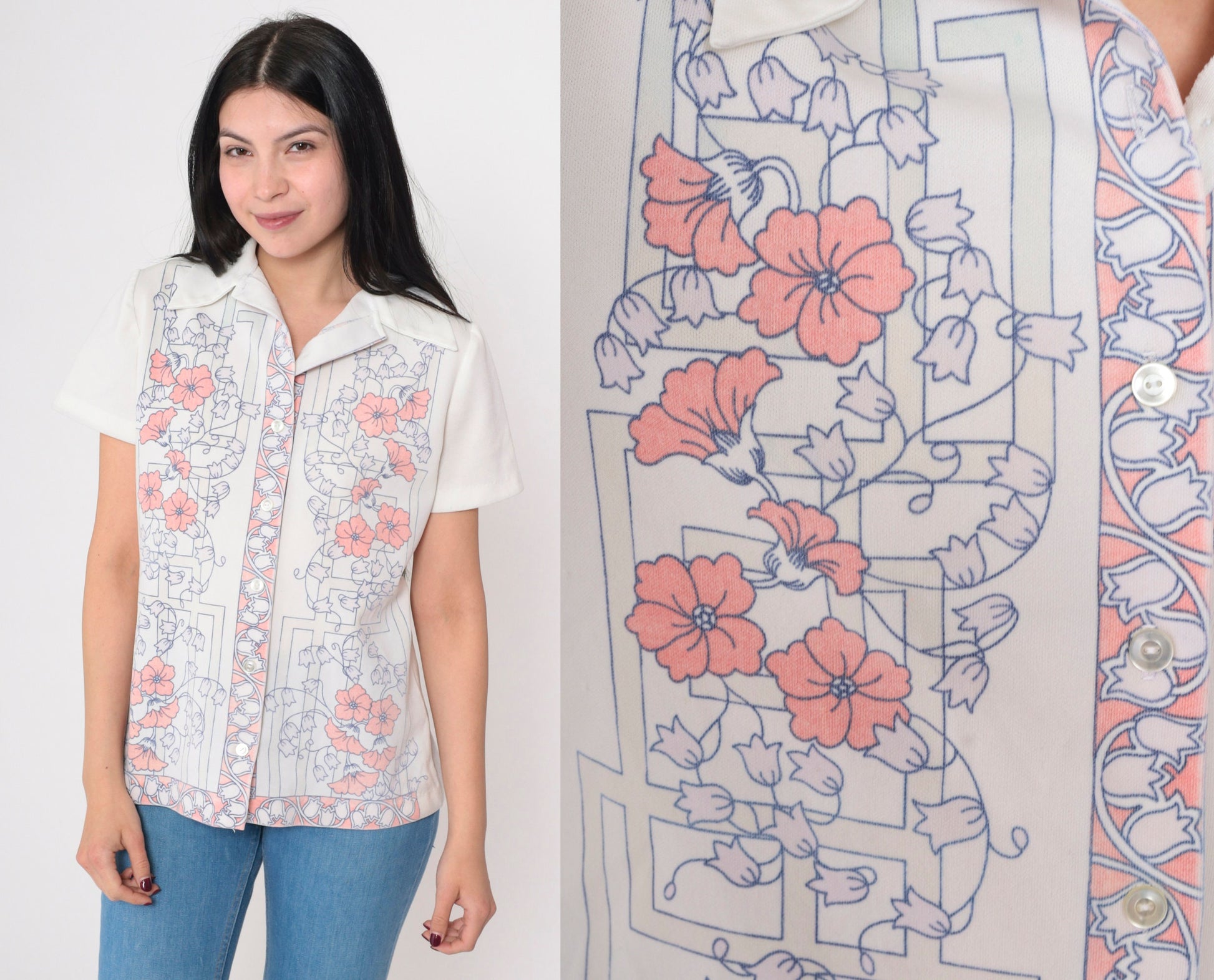 70s Floral Button-Up Blouse White Dagger Collar Short Sleeve Medium
