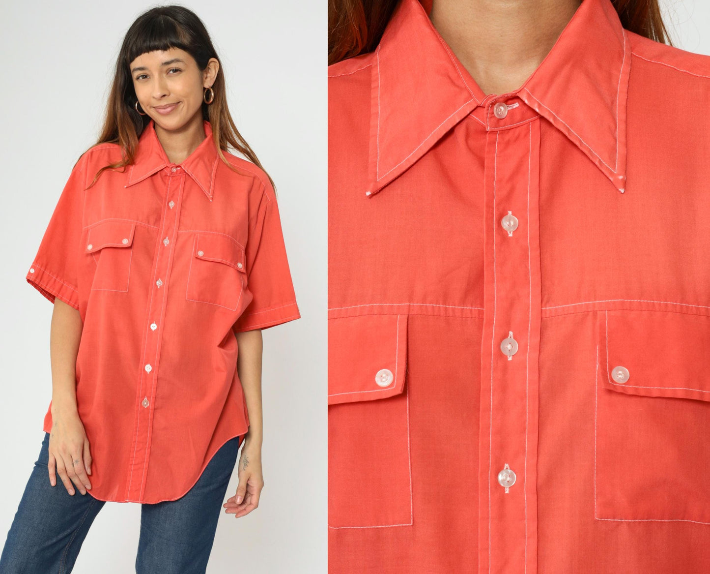 70s Marlboro Western Shirt Orange Button Down Dagger Collar Large