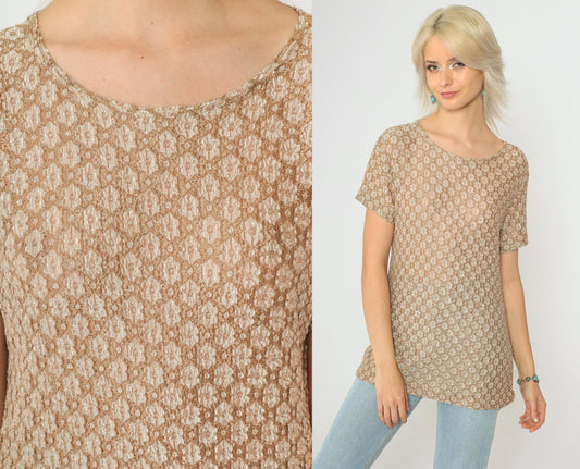 90s Clio Floral Lace Blouse Tan Short Sleeve Scoop Neck Medium
