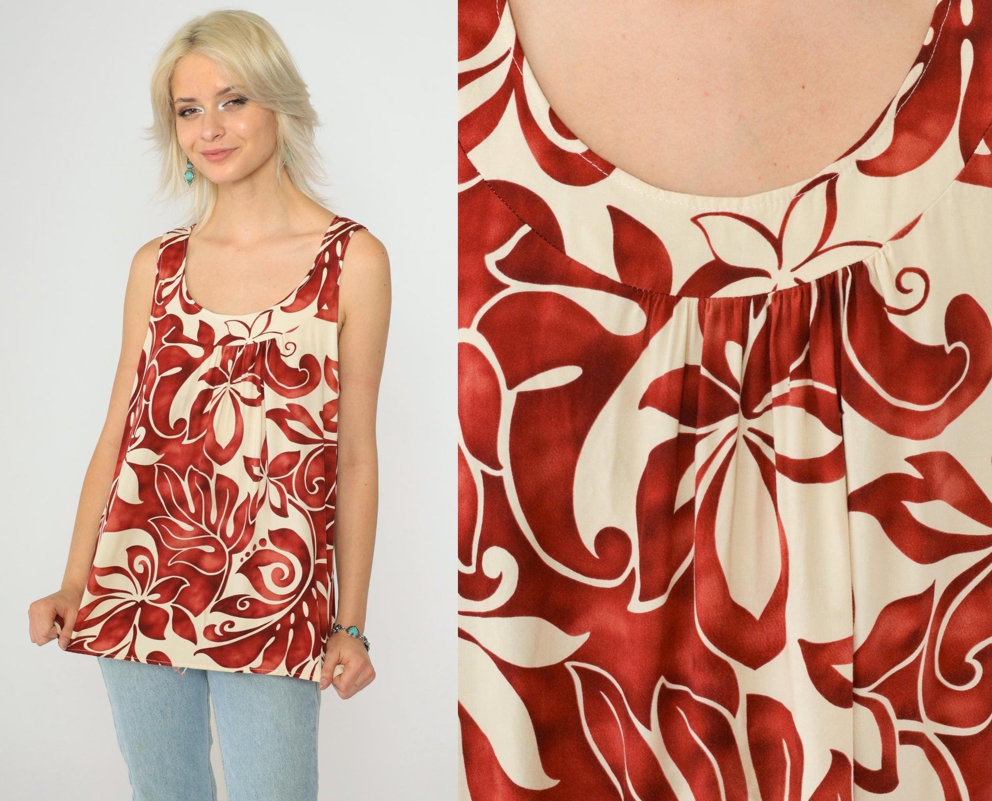 90s Pumehana Tropical Floral Tank Top Cream Red Hawaiian Sleeveless Medium