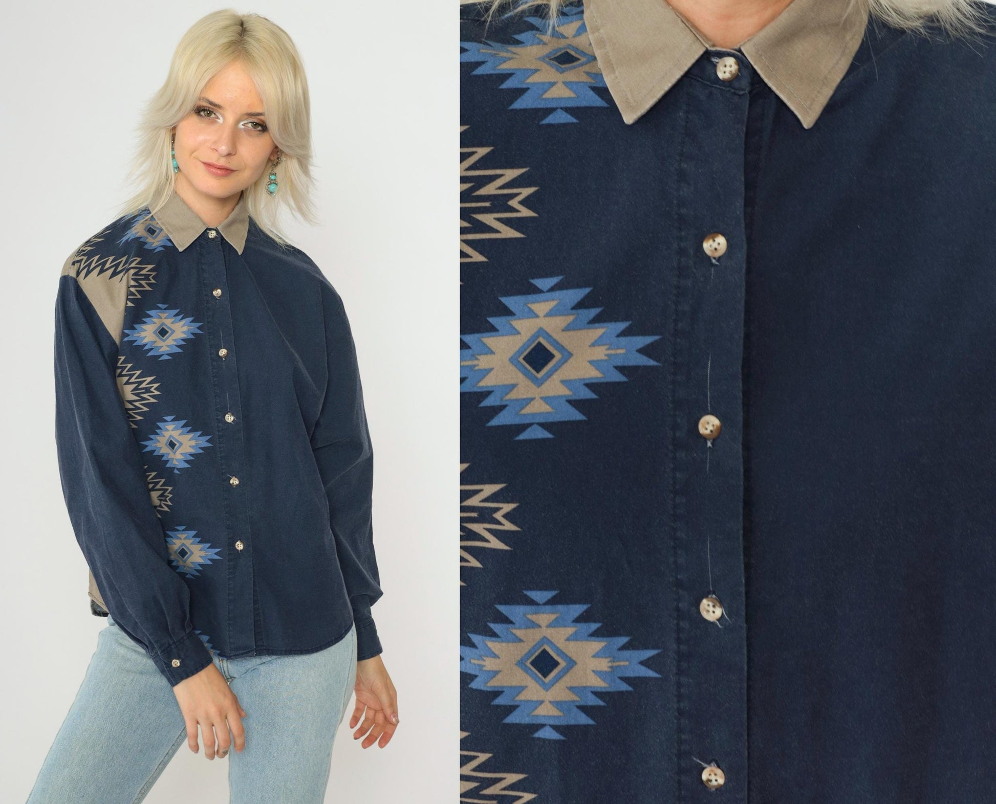 90s Roper Southwestern Navy Button-Up Blouse Striped Navajo Print Small