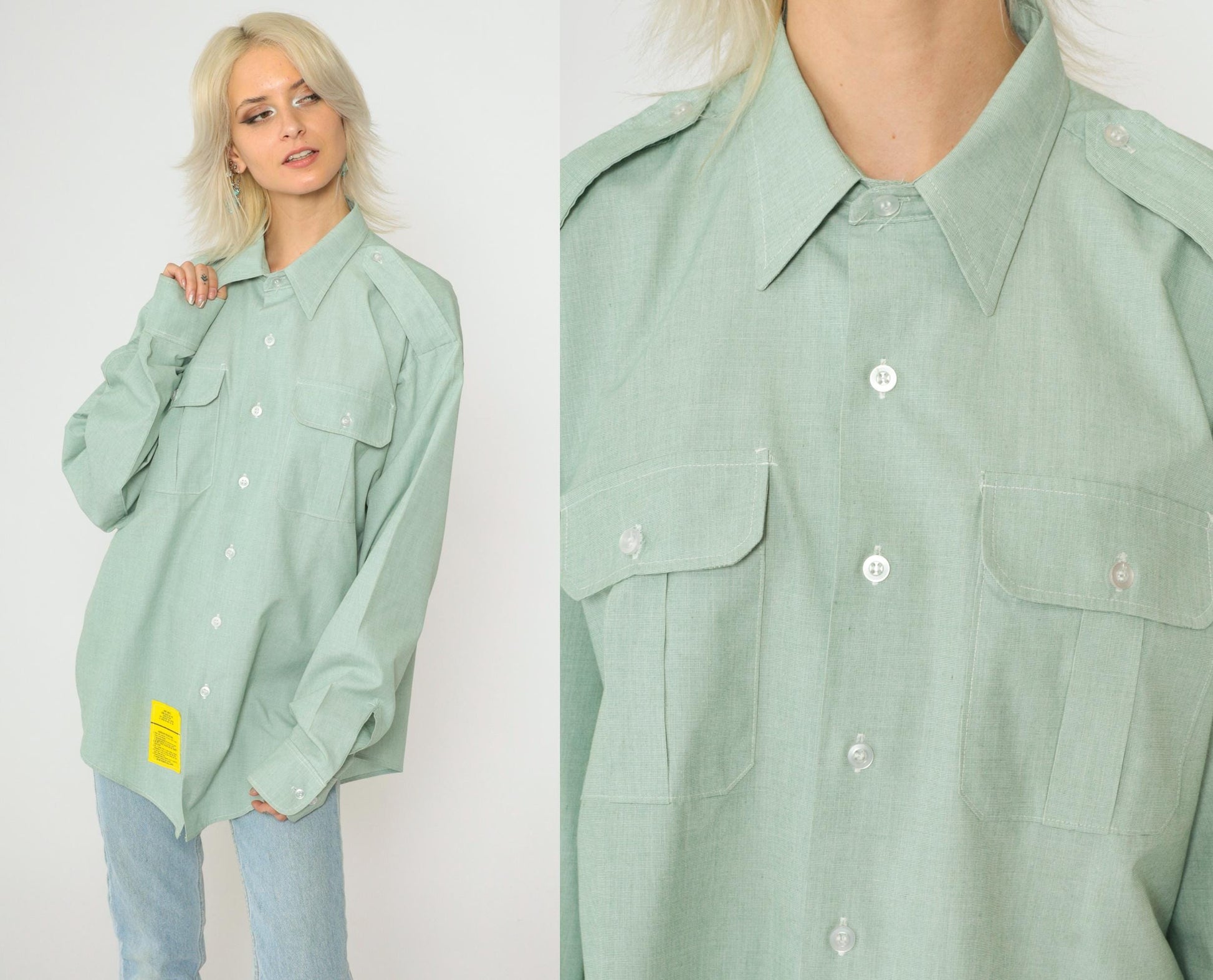 00s Light Green Button-Up Shirt Oxford Collar Long Sleeve Work Top XL