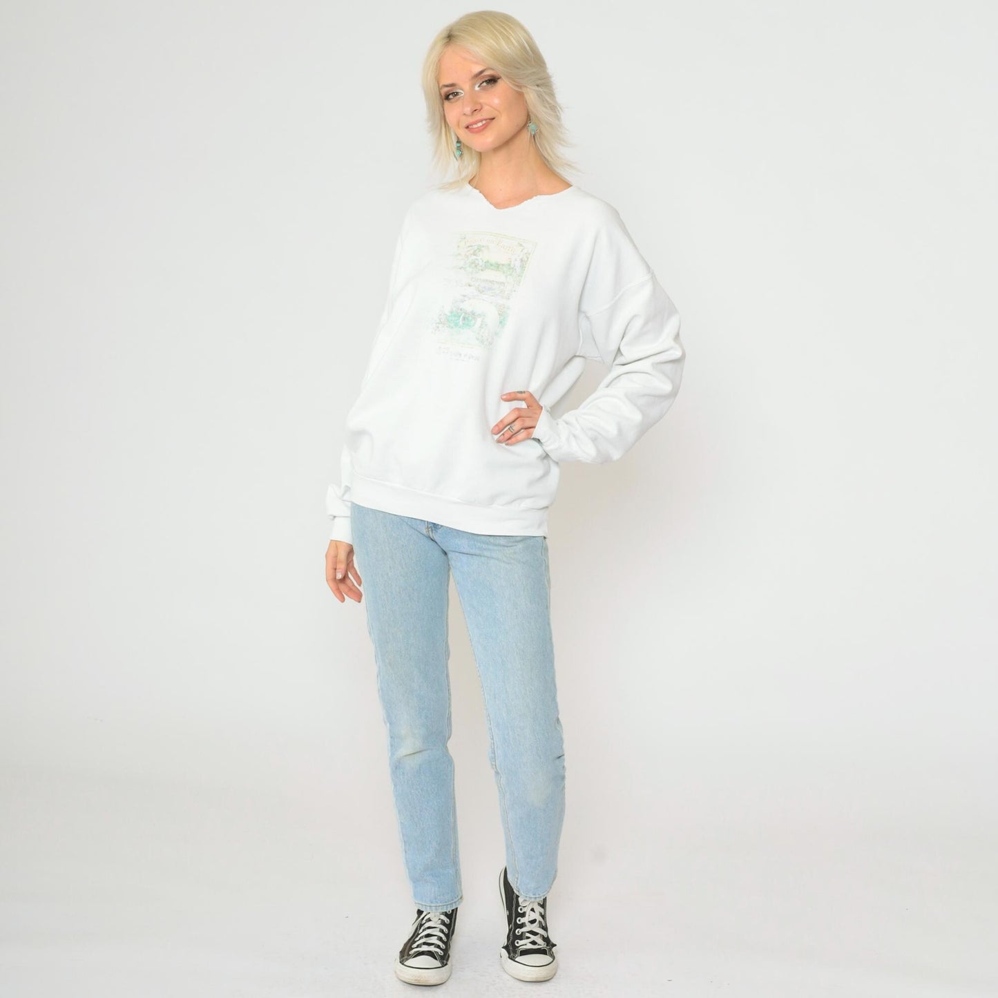 90s Peace on Earth Manatee Beach Christmas Sweatshirt White Cutoff Medium