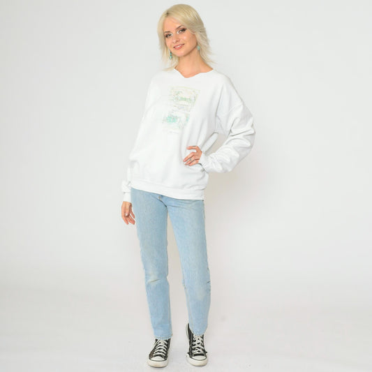 90s Peace on Earth Manatee Beach Christmas Sweatshirt White Cutoff Medium