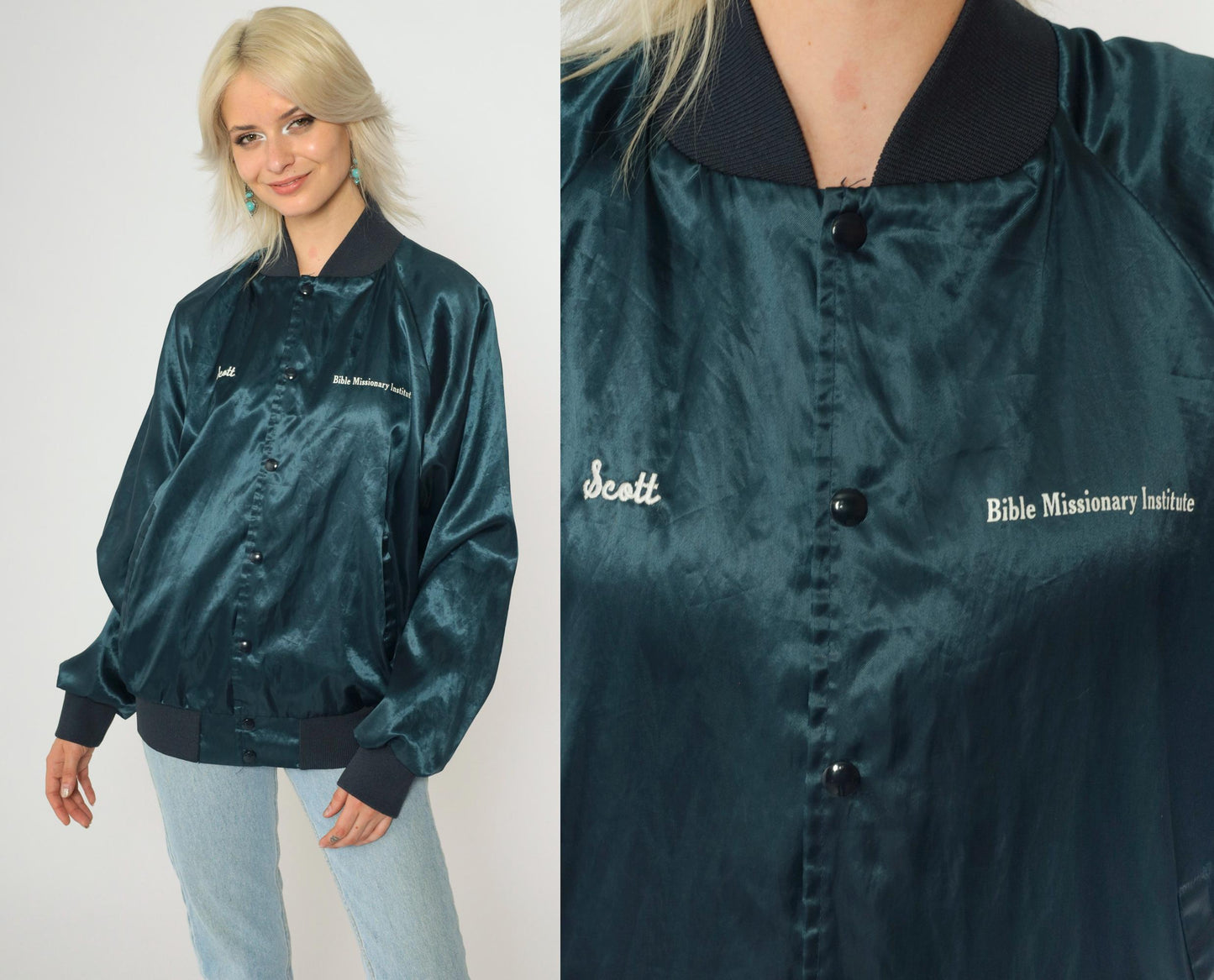 90s Bible Missionary Institute Satin Bomber Jacket Dark Blue Medium