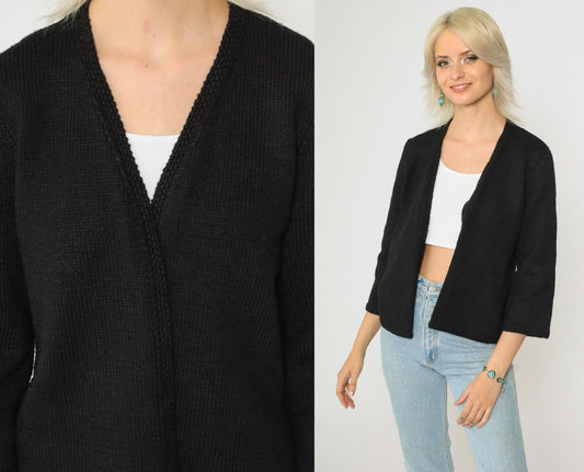 60s Black Wool Cardigan 3/4 Sleeve Open Front Knit Sweater Small