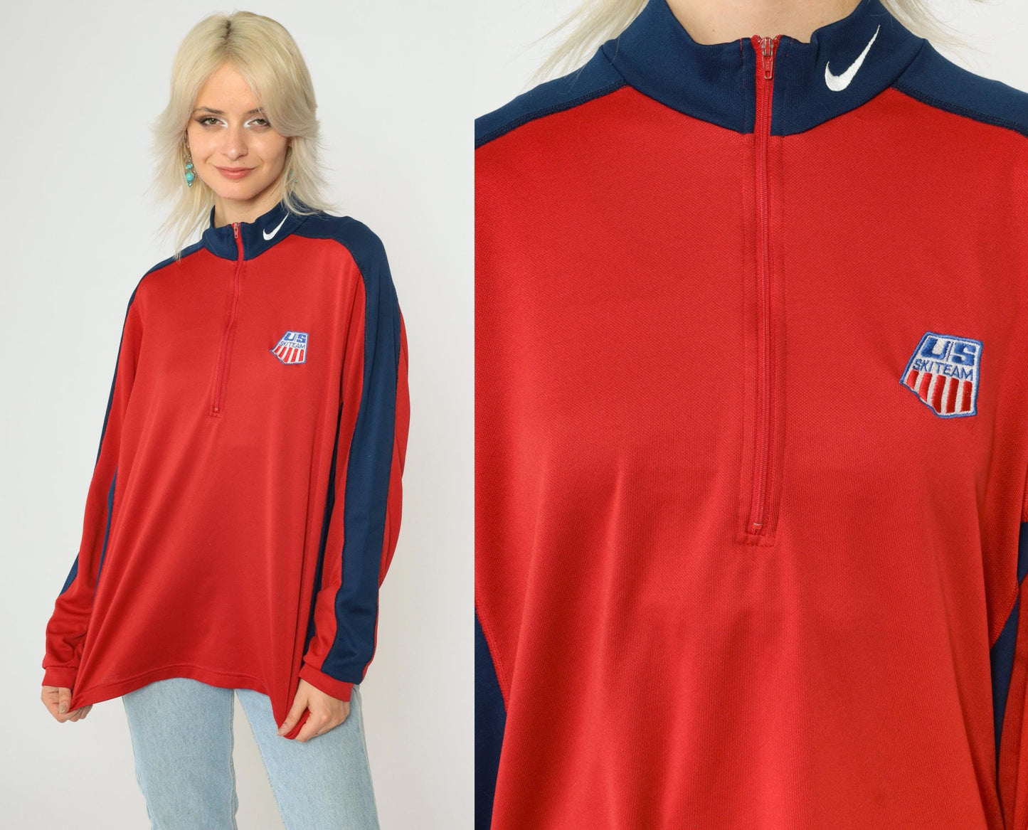 90s Nike US Ski Team Long Sleeve Quarter Zip Mock Neck Red Large