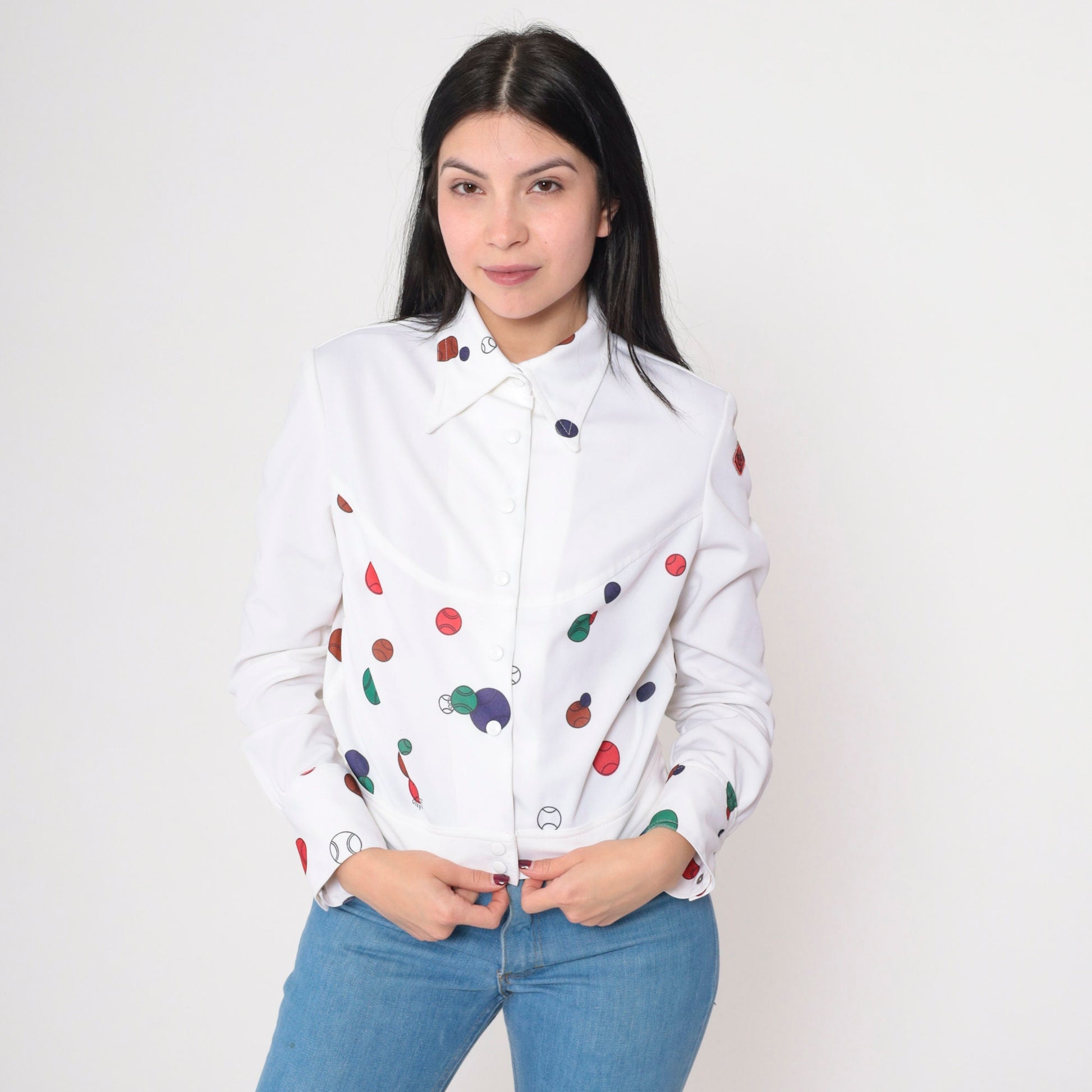 70s Oleg Cassini Tennis Ball Print Blouse White Dagger Collar Medium