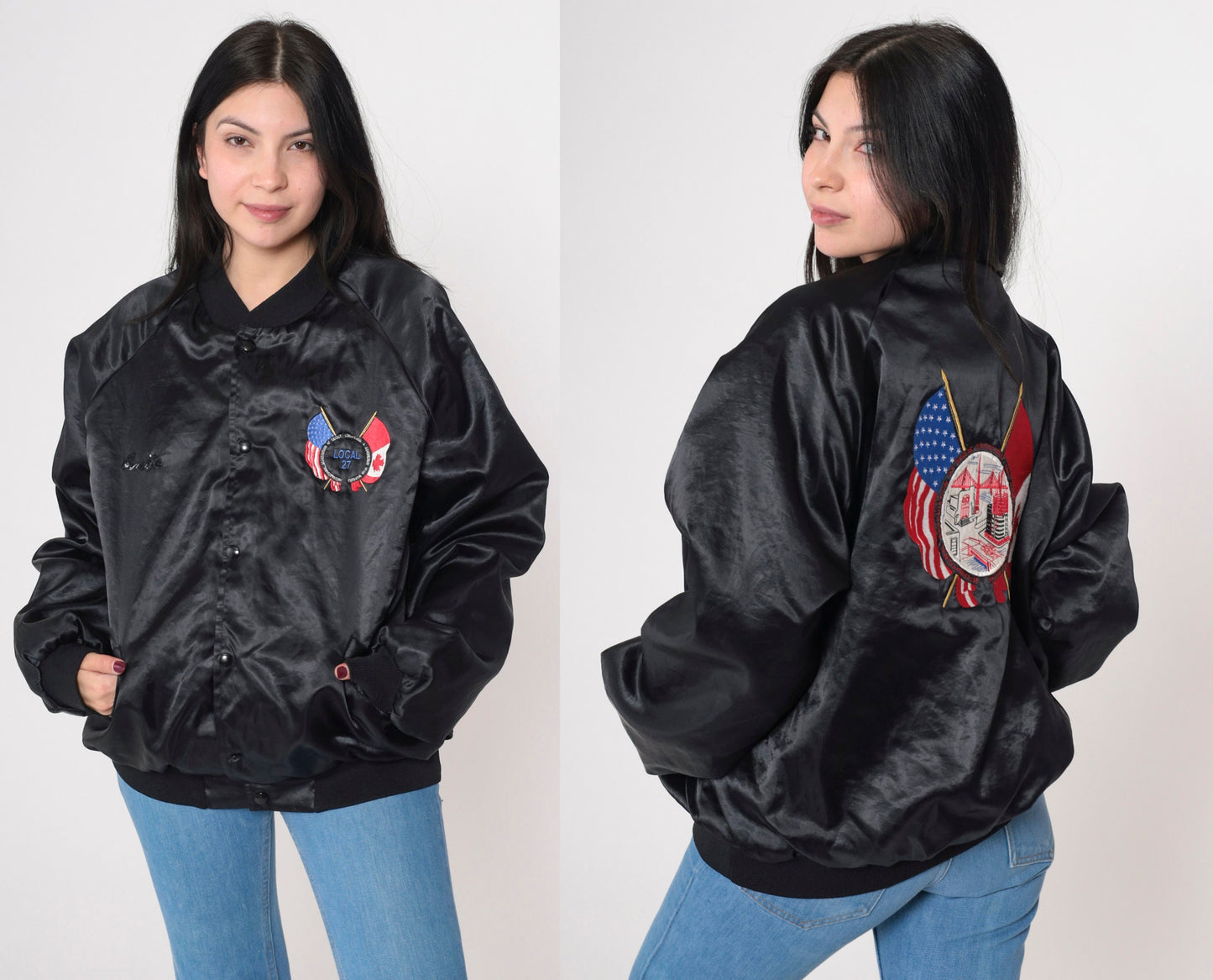 90s AFL-CIO Iron Workers Union Satin Bomber Jacket Black XXL