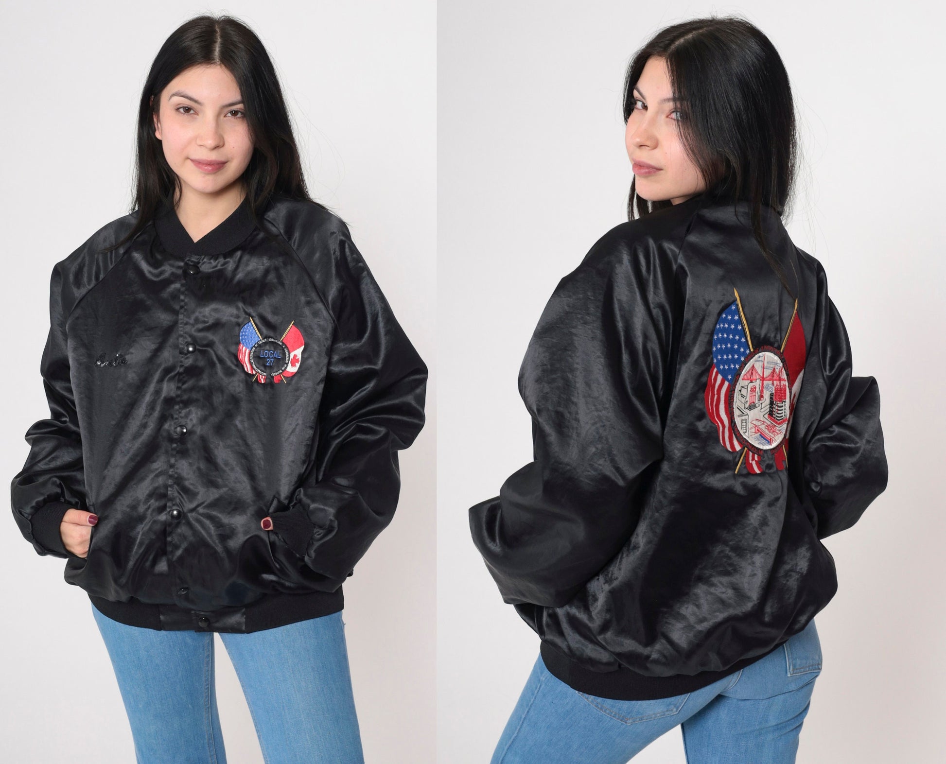 90s AFL-CIO Iron Workers Union Satin Bomber Jacket Black XXL