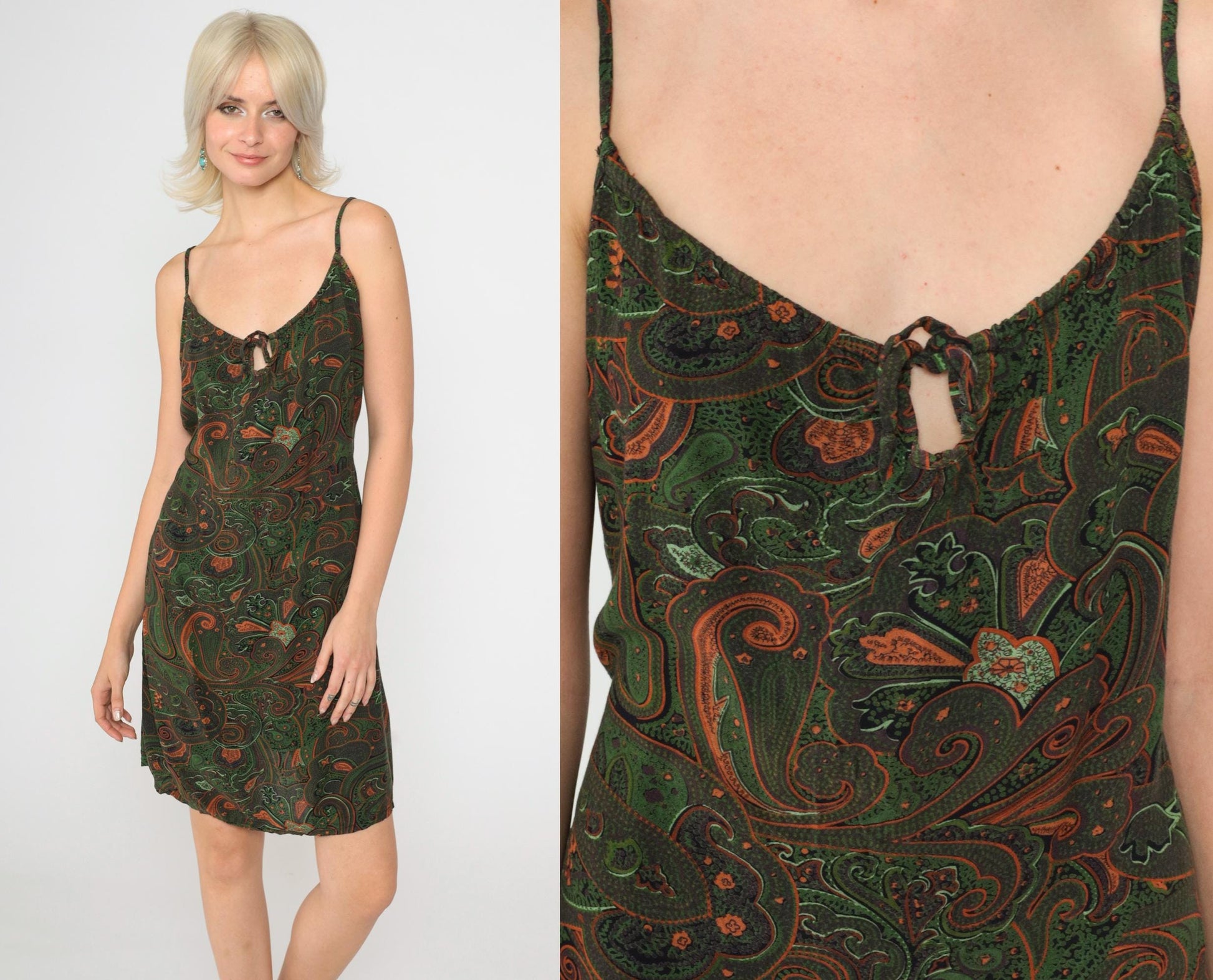 90s Paisley Print Mini Sundress Green Orange Spaghetti Strap Keyhole Medium