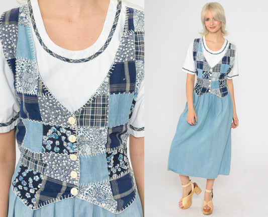 90s Patchwork Denim Midi Dress Floral Checkered Attached Vest Button Up Medium