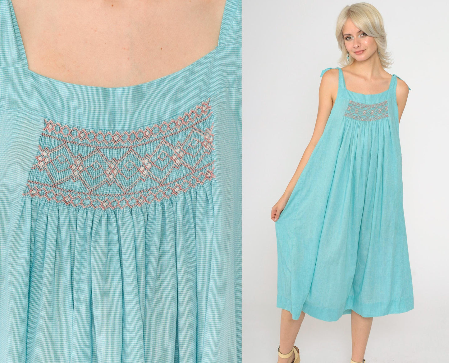70s Blue Houndstooth Midi Dress Smocked Chest Tent Cut Sleeveless Small
