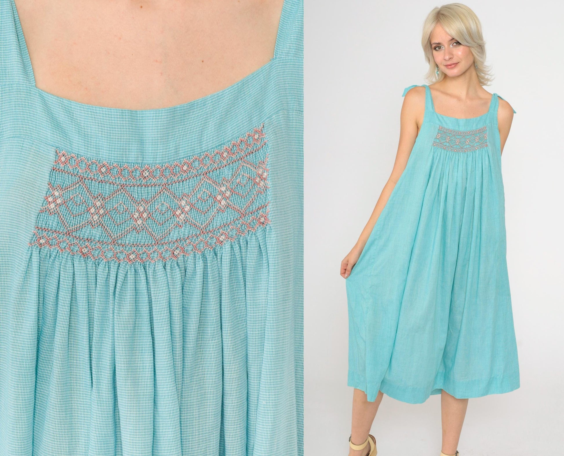 70s Blue Houndstooth Midi Dress Smocked Chest Tent Cut Sleeveless Small