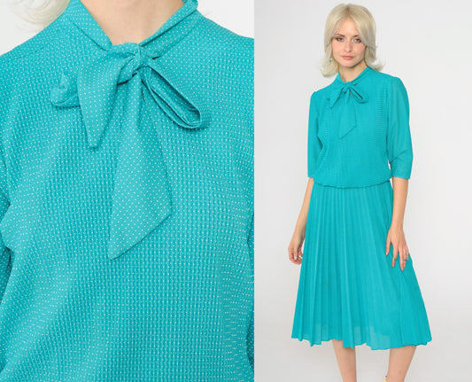 70s Turquoise Polka Dot Midi Dress Ascot Bow High Waist Pleated Small Medium