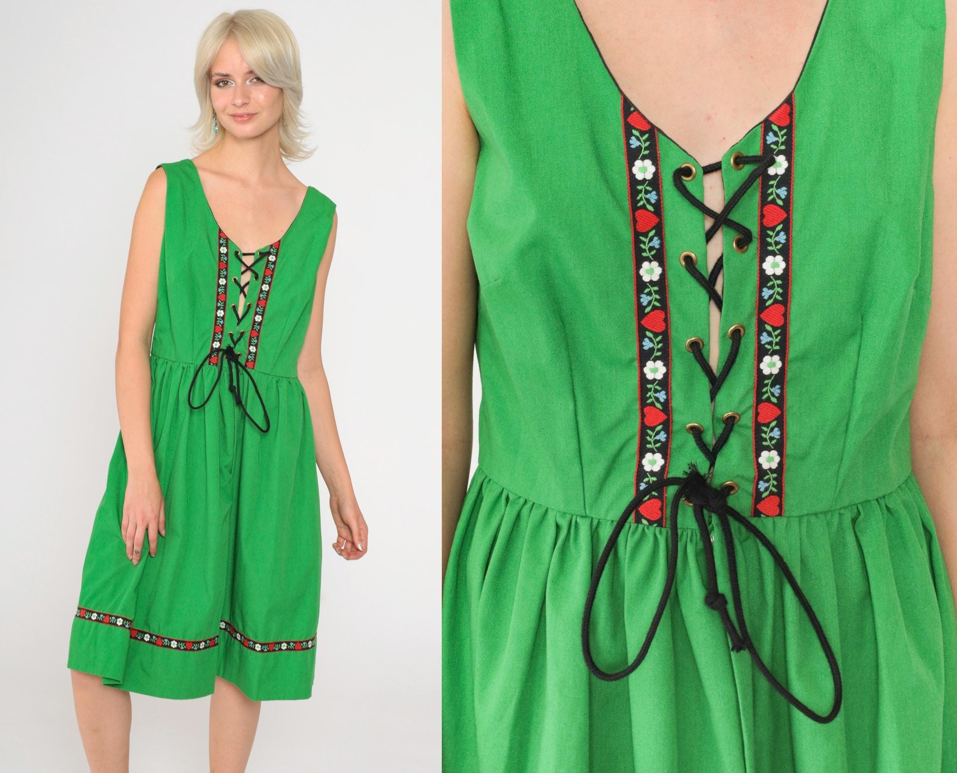 70s Dirndl Dress Green Floral Lace-Up High Waist Midi Sleeveless Medium