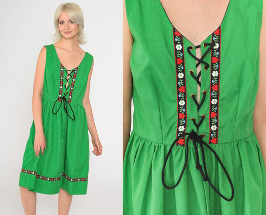 70s Dirndl Dress Green Floral Lace-Up High Waist Midi Sleeveless Medium