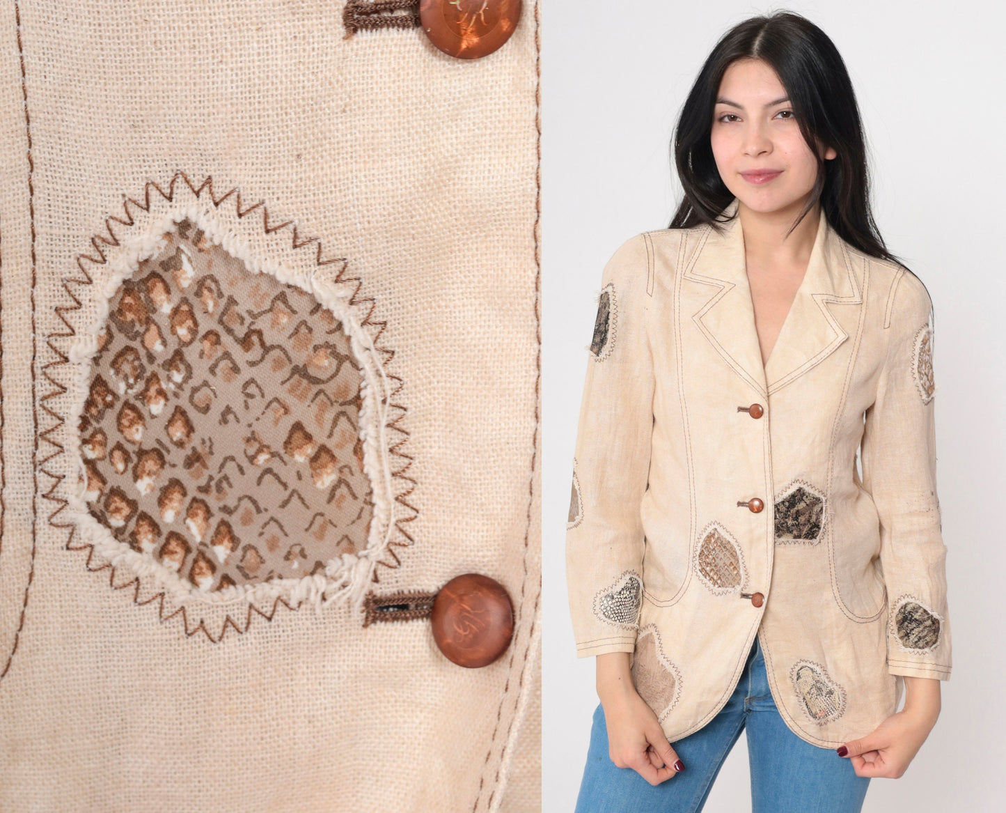 90s Patchwork Blazer Beige Animal Print Patch Jacket Extra Small XS