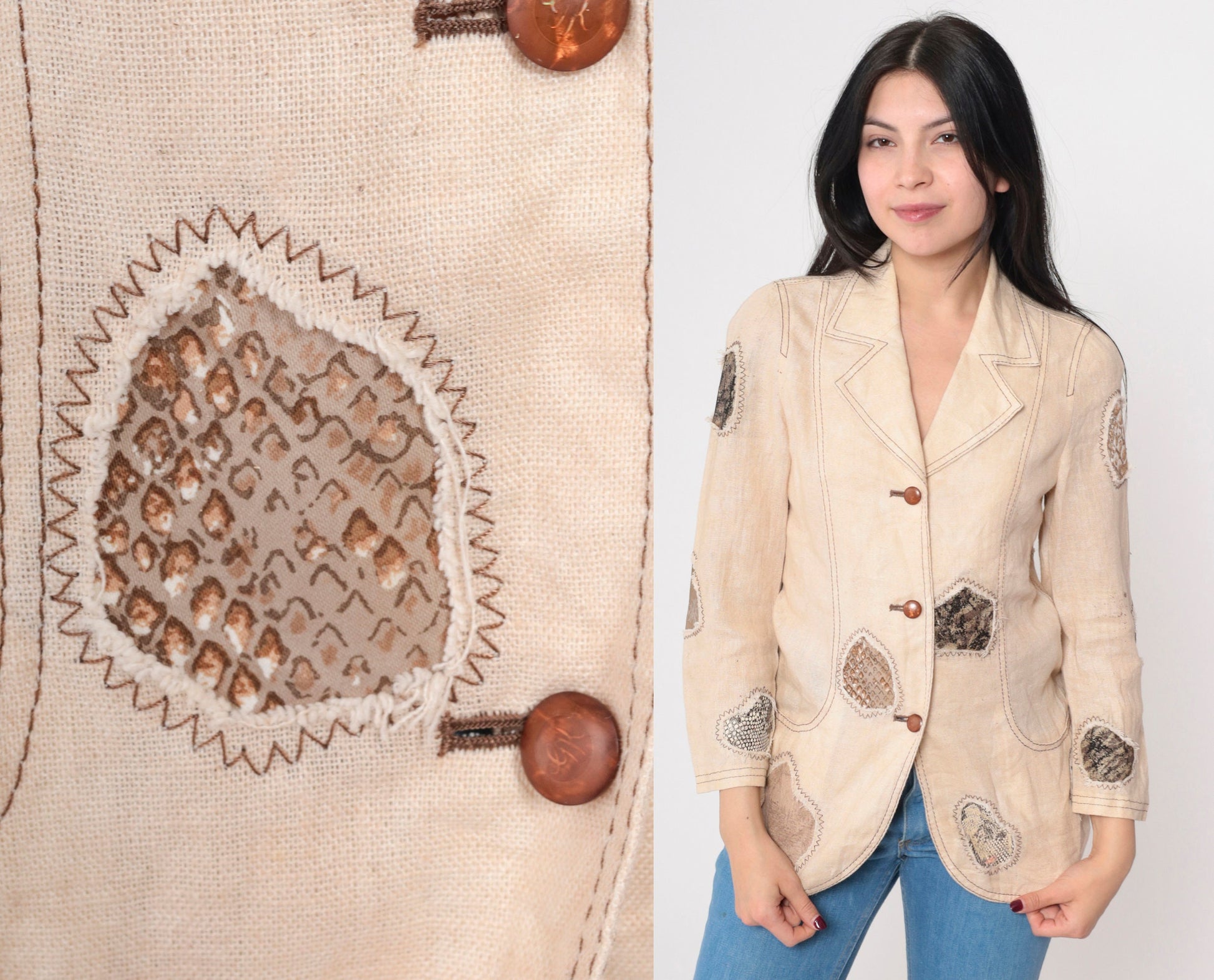 90s Patchwork Blazer Beige Animal Print Patch Jacket Extra Small XS