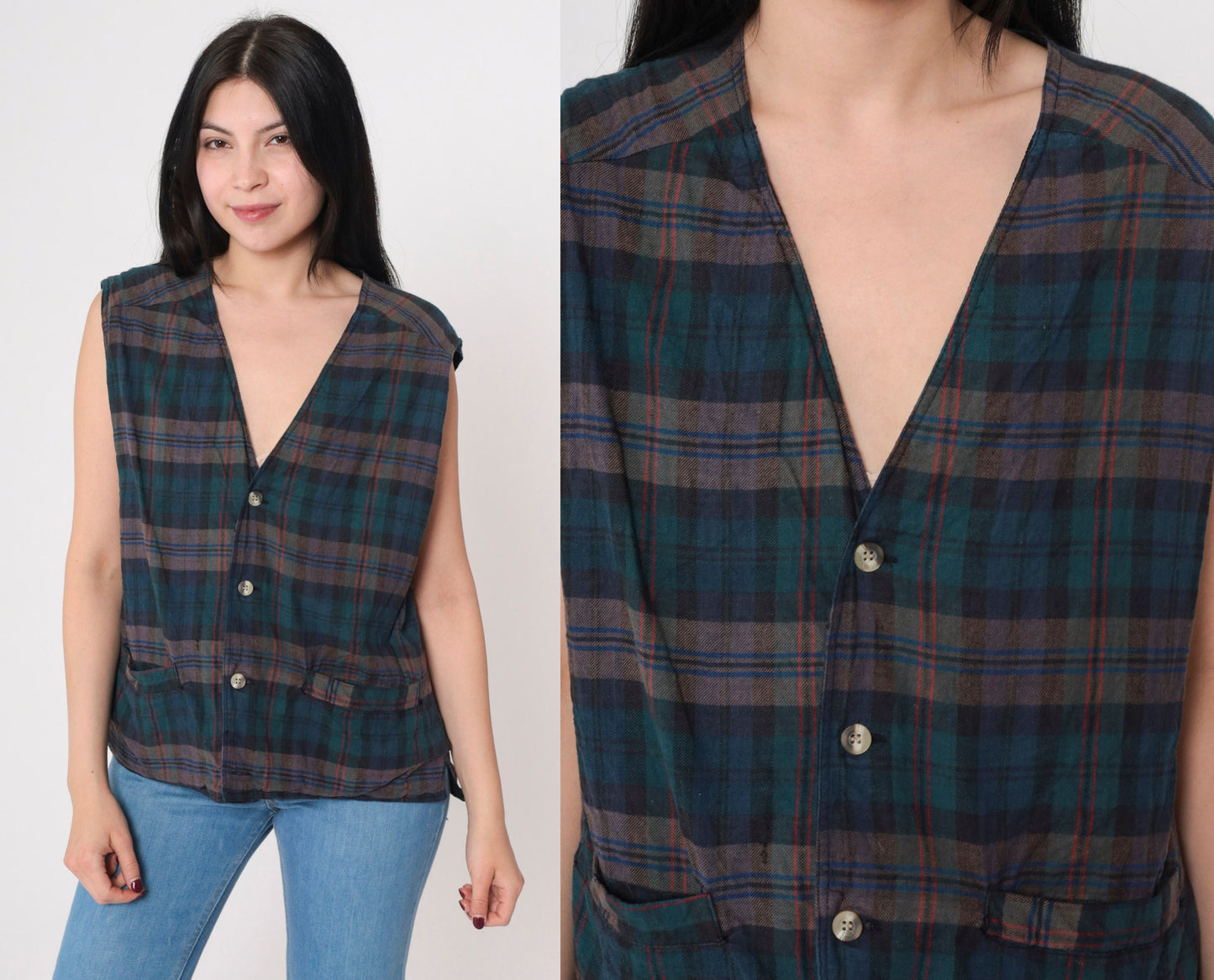 90s Plaid Vest Blue Green Checkered Button Front Sleeveless Medium