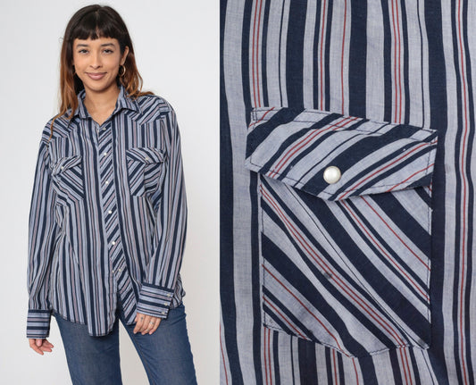 90s Wrangler Pearl Snap Western Shirt Striped Navy Red Long Sleeve Large