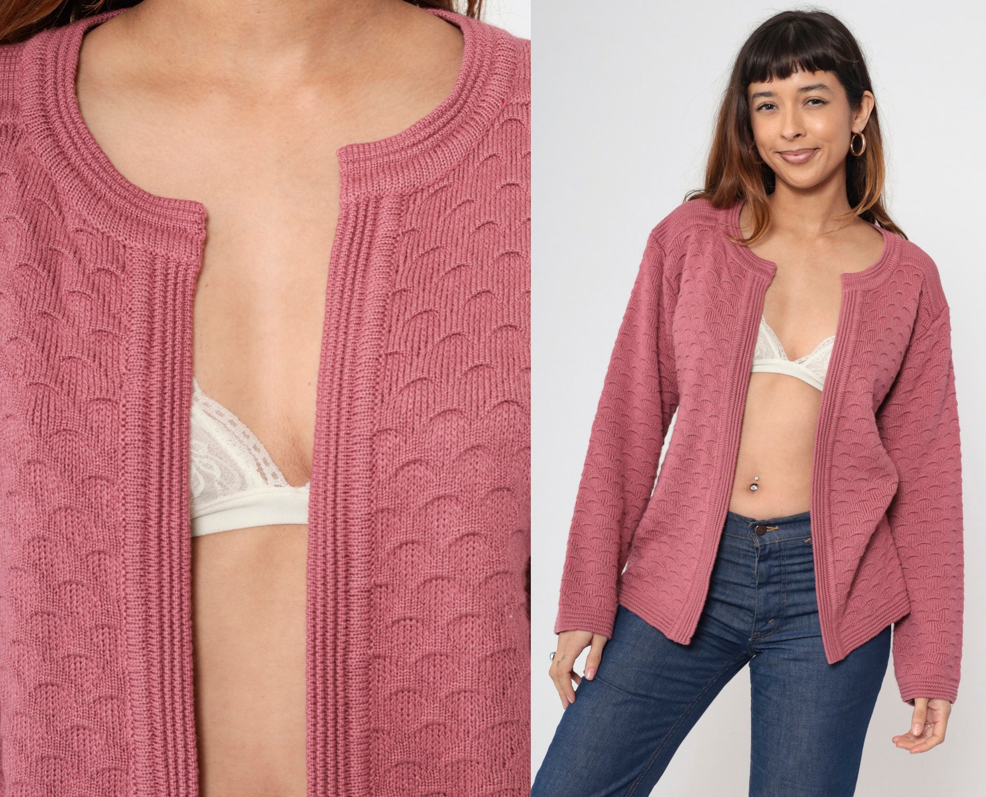 70s Pink Textured Knit Cardigan Open Front Long Sleeve Medium