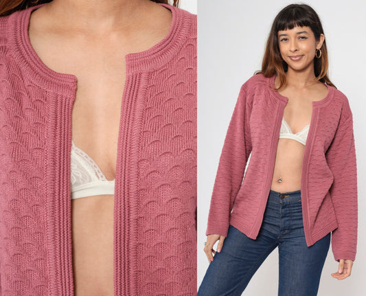 70s Pink Textured Knit Cardigan Open Front Long Sleeve Medium