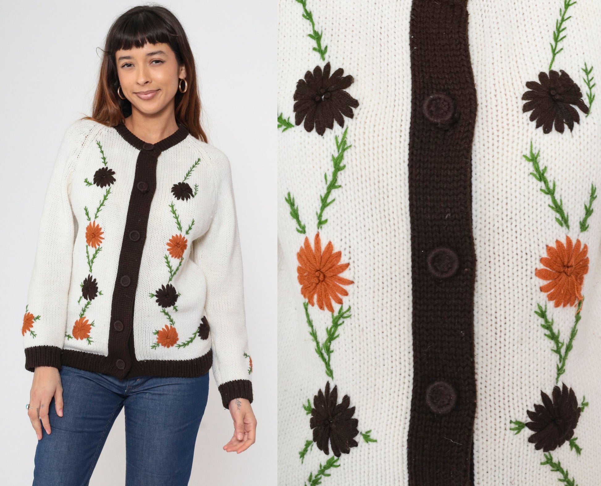 70s Floral Embroidered Cardigan White Acrylic Knit Raglan Sleeve Medium