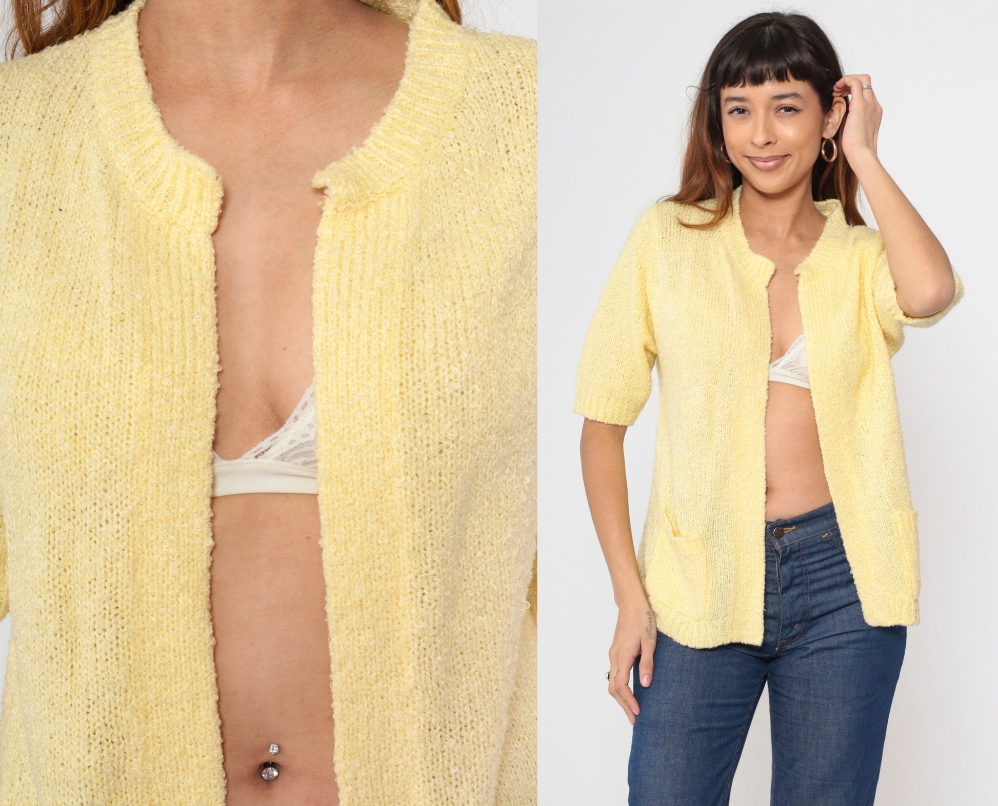 70s Le Chois Yellow Bouclé Cardigan Short Sleeve Open Front Knit Medium