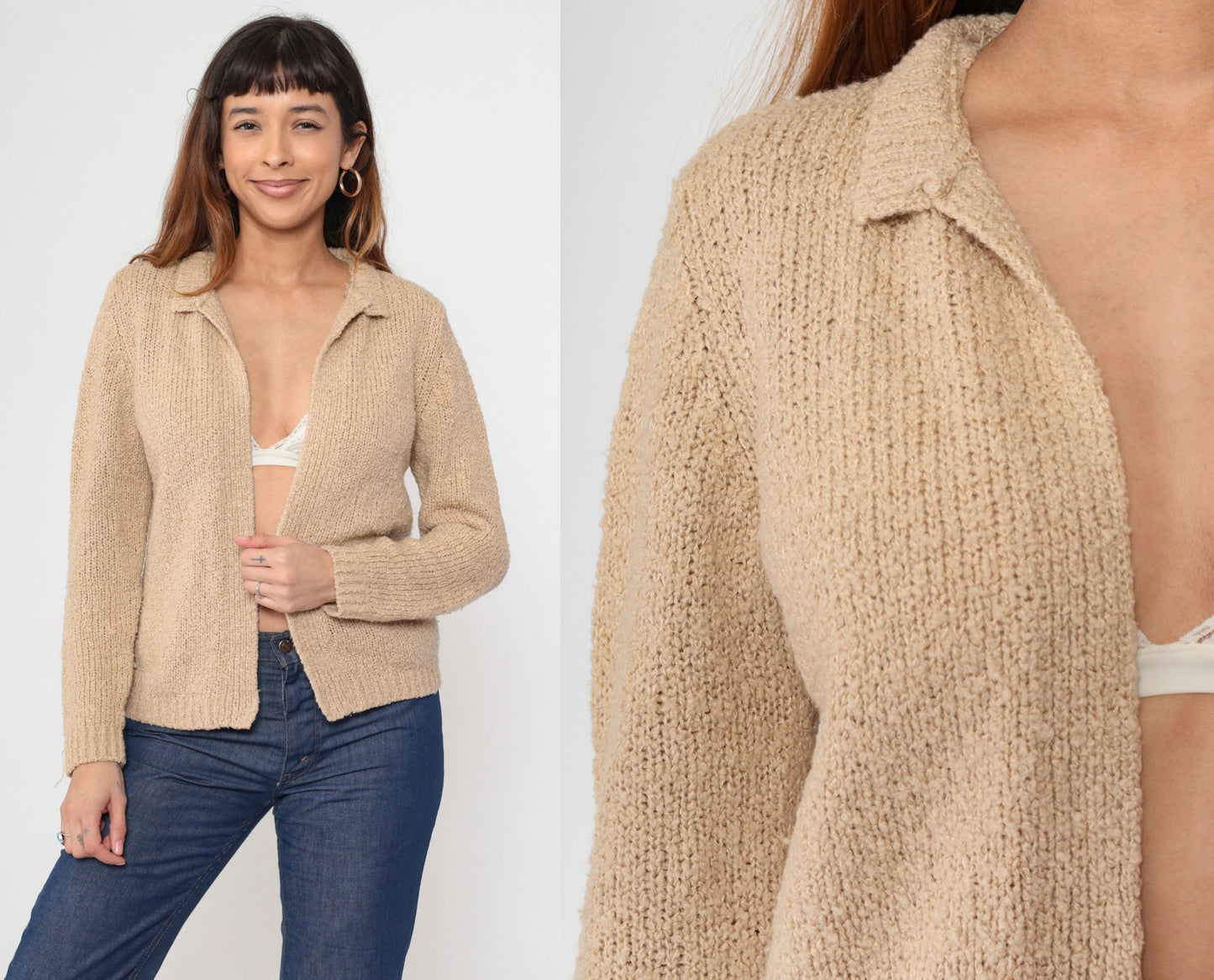 70s Tan Cardigan Open Front Wrap Sweater Medium